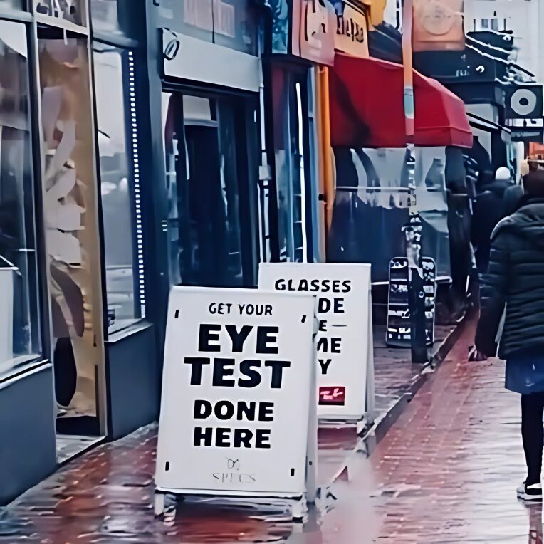 "Street view with 'Get Your Eye Test Done Here' shop signs."