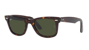 "Ray-Ban Wayfarer sunglasses with tortoiseshell frame and green lenses."