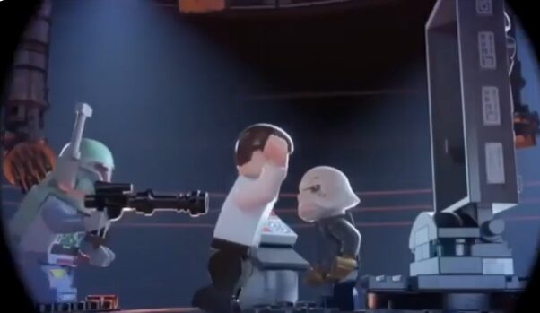 "LEGO characters reenact a dramatic moment with a blaster and screen."